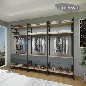 Closet Aberto com 4 Gavetas e 9 Prateleiras Herval Valence, Cedro/Grafite