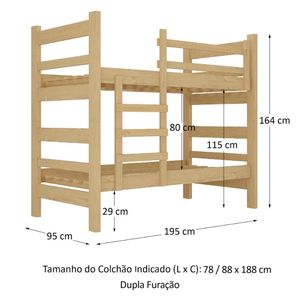 Beliche Madeira Maciça - vira 2 Camas - para Colchão 78/88 x 188cm Dubai Multimóveis CR4137 Natural