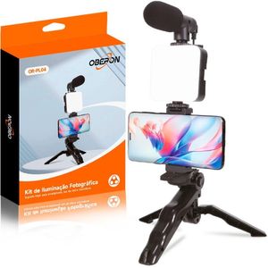 Tripé Suporte De Celular Com Iluminação De Led Microfone Condensador P2 Com Controle Sem Fio
