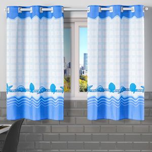 Cortina Gourmet Varão Cozinha Tecido Oxford 2,00m X 1,30m - Conchas Praia Azul