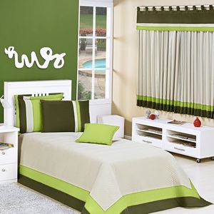 Kit Cobre Leito Solteiro Stylo com Cortina para Varão 2 Metros 7 Peças - Verde