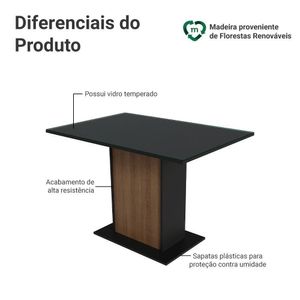 Mesa De Jantar Retangular Com Tampo De Vidro Preto Rustic 5329 Madesa Preto Rustic