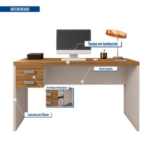 Mesa De Computador com Gaveteiro Escritório Studio 1.3 Caemmun - Lamina mel/cacao bp