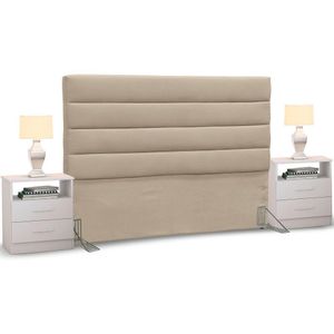Cabeceira Casal Suede Bege e 2 Mesas de Cabeceira Branco