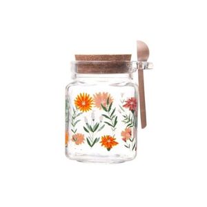 Pote Quadrado De Vidro C-tampa E Colher De Bambu Flora 200ml