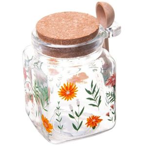 Pote Quadrado De Vidro C-tampa E Colher De Bambu Flora 200ml