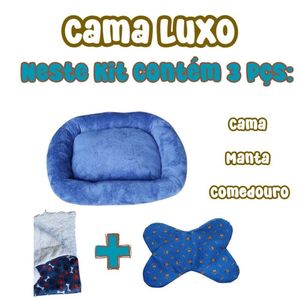 Cama Bigata G Tecido Soft Com Comedouro E Mantinha Kit 3 Peças Azul Marinho
