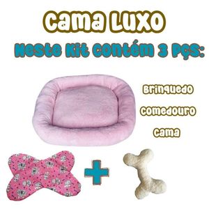 Kit Cama Pet Bigata G Luxo Fofa Com Comedouro E Osso Rosa