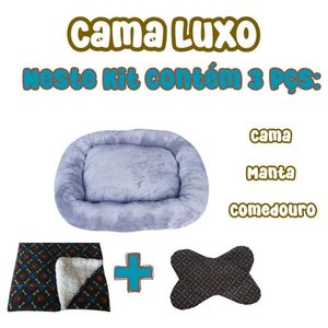 Kit Cama Pet Bigata M Luxo Fofa Com Comedouro E Manta Cinza