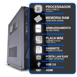 Computador Desktop, Intel Core I3 7º Geração, 16gb Ram, Hd Ssd 480gb, Conexões Usb/vga/hdmi/lan/som