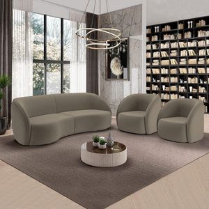 Conjunto Sofá Sala De Estar Bipartido 288cm E 2 Poltronas Clarke Veludo Castor G45 - Gran Belo