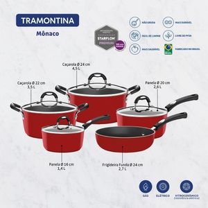 Jogo De Panelas Tramontina Mônaco Em Alumínio Com Revestimento Interno Em Starflon Premium E Externo Siliconado Vermelho