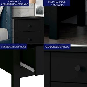 Kit 02 Mesas De Cabeceira 3 Gavetas 36 Cm Dm113 Preto Dtall Preto