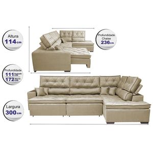 Sofa De Canto Retrátil E Reclinável Com Molas Cama Inbox Platinum 3,00x2,36 Tecido Suede Bege