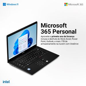Notebook Legacy Book, com Windows 11 Home, Intel Celeron 4GB 64GB + 64GB 14,1 Pol. HD, Preto + Microsoft 365 Personal com 1TB na Nuvem - PC271