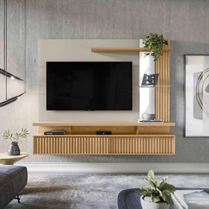 Painel Para Tv Até 60 Ripado Com Espelho 2 Portas Calêndula Carvalho/off White