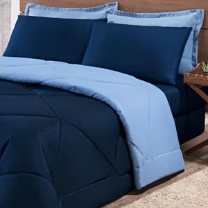 Kit EdredomJogo De Lençol Aconchego Look House Dupla Face Casal Queen 06 Peças - Azul Marinho E Azul