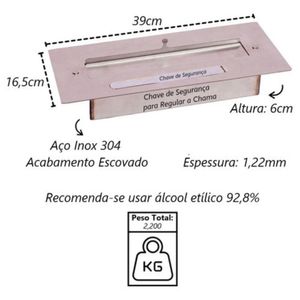 Queimador Inox Aço Para Lareira Portátil 304 - 16,50l X 39l X 6a Cm Cinza