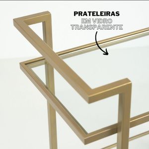 Carrinho Para Bebidas Alça Dupla Estilo Industrial Com Prateleiras Em Vidro Transparente E Estrutura Dourada