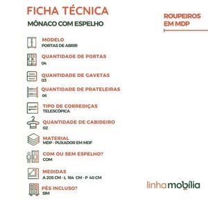 Guarda Roupa De Casal Mônaco Com Espelho 4 Porta Linhamobília Cinamomo