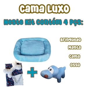 Kit Cama Pet Bigata G Luxo Com Osso Pelucia E Mantinha Azul Claro