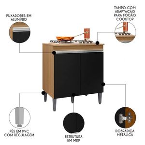 Balcão De Cozinha Para Cooktop Com Tampo Andréia Amêndoa-preto - Ajl Móveis