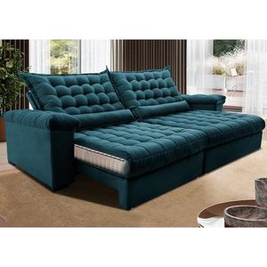 Sofá Retrátil E Reclinável 2,95m Molas Ensacadas Cama Inbox Big Space Com Bordado 3d Velusoft Petróleo
