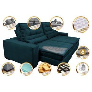 Sofá Retrátil E Reclinável Com Molas Ensacadas Cama Inbox Gold 2,52m Tecido Suede Velusoft Petróleo
