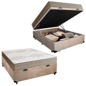Cama Box Baú Casal Suede + Colchão De Molas Ensacadas Portobel Ipanema 138x188x66cm Bege