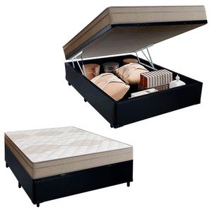 Cama Box Baú Casal Sintético + Colchão De Molas Ensacadas Portobel Ipanema 138x188x66cm Preto
