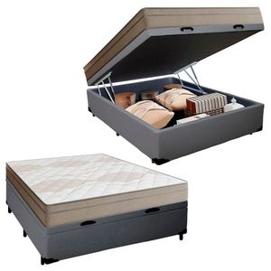 Cama Box Baú Casal Sintético + Colchão De Molas Ensacadas Portobel Ipanema 138x188x66cm Cinza