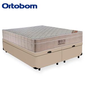 Cama Box Baú Queen Suede Bipartido + Colchão Ortobom Airtech Molas Ensacadas 158x198x65 Bege