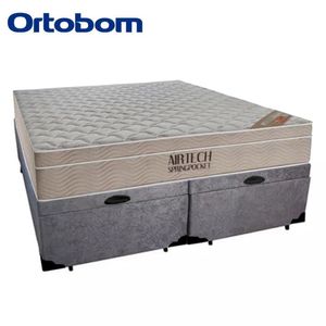 Cama Box Baú Queen Suede Bipartido + Colchão Ortobom Airtech Molas Ensacadas 158x198x65 Cinza