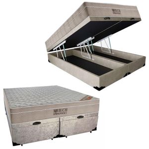 Cama Box Baú King Suede Bipartido + Colchão Ortobom Airtech Molas Ensacadas 193x203x65 Bege