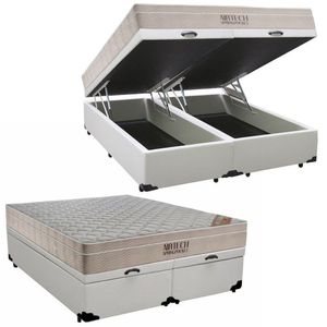Cama Box Baú King Sintético Bipartido + Colchão Ortobom Airtech Molas Ensacadas 193x203x65 Branco