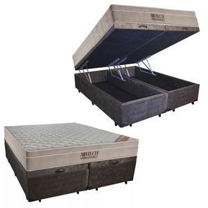 Cama Box Baú Queen Suede Bipartido + Colchão Ortobom Airtech Molas Ensacadas 158x198x65 Marrom