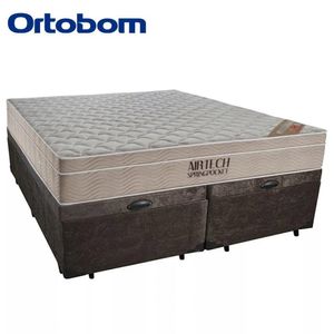 Cama Box Baú Queen Suede Bipartido + Colchão Ortobom Airtech Molas Ensacadas 158x198x65 Marrom