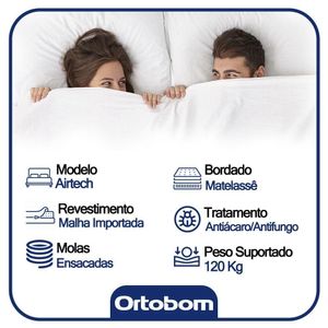 Cama Box King Bipartido Sintético + Colchão Ortobom Airtech Molas Ensacadas 193x203x65 Bege