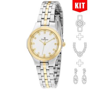 Relógio Champion Kit Feminino Misto Prata Dourado Cn25458d