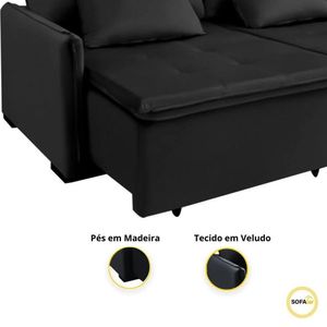 Sofá Cama Slim 2 Mts New Roma Com Pillow Veludo Preto