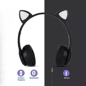 Fone Bluetooth Orelha De Gato Led Colorido Preto
