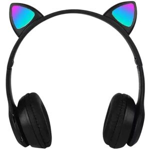 Fone Bluetooth Orelha De Gato Led Colorido Preto