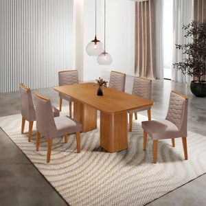 Mesa De Jantar Eloise 180cm Tampo MDF Com 6 Cadeira Moderna Linho Capuccino Naturale