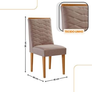 Mesa De Jantar Eloise Tampo MDF Vidro Com 6 Cadeiras Moderna Linho Capuccino Off White Naturale