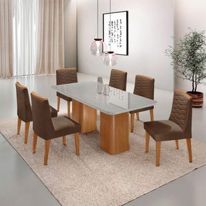 Mesa De Jantar Eloise Tampo Mdf Vidro Com 6 Cadeiras Moderna Veludo Marrom/off White/naturale