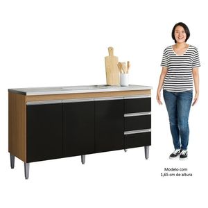 Balcão De Cozinha Com Pia Inox 160cm 3 Gavetas Andréia Amêndoa-preto - Ajl Móveis