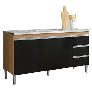 Balcão De Cozinha Com Pia Inox 160cm 3 Gavetas Andréia Amêndoa-preto - Ajl Móveis