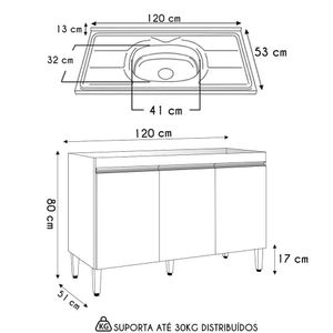 Balcão De Cozinha Com Pia Inox 120cm Manu Preto-amêndoa - Ajl Móveis