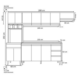 Cozinha Modulada 4 Peças Balcão Sem Tampo 160cm Andréia Branco - Ajl Móveis