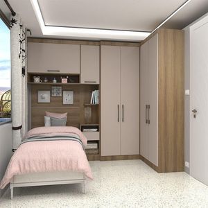 Quarto Canto Solteiro Guarda-roupas Cabeceira Mesa Avelã